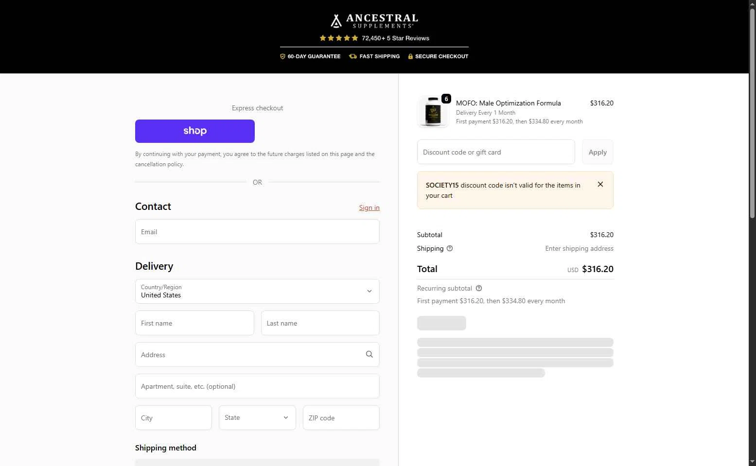 Ancestral Supplements checkout page showing Ancestral Supplements discount code box | Screenshot taken by SimplyCodes community member on Feb 9, 2026