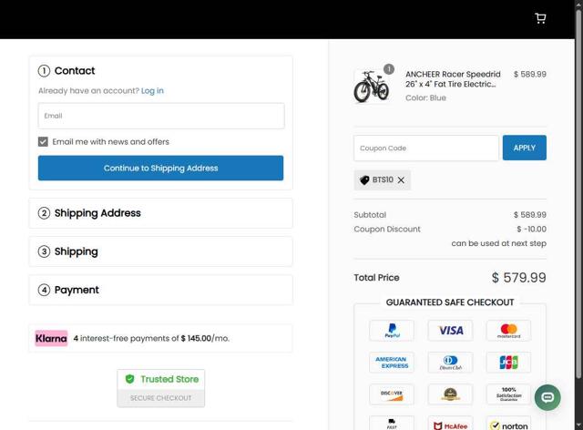Ancheer Shop checkout page showing Ancheer Shop promo code box | Screenshot taken by SimplyCodes community member on Aug 13, 2025