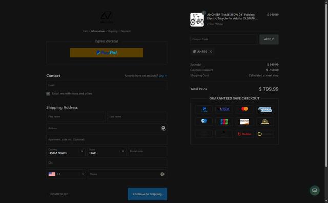 Ancheer Shop checkout page showing Ancheer Shop promo code box | Screenshot taken by SimplyCodes community member on May 19, 2025