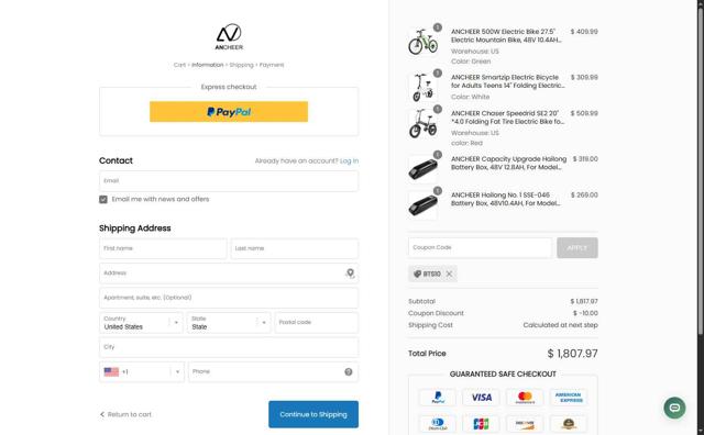 Ancheer Shop checkout page showing Ancheer Shop promo code box | Screenshot taken by SimplyCodes community member on Sep 3, 2025