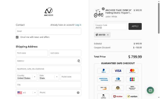 Ancheer Shop checkout page showing Ancheer Shop promo code box | Screenshot taken by SimplyCodes community member on Jun 2, 2025