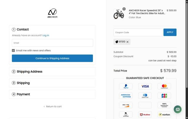 Ancheer Shop checkout page showing Ancheer Shop promo code box | Screenshot taken by SimplyCodes community member on Aug 22, 2025