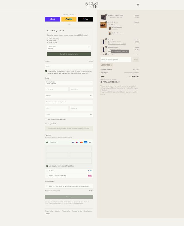 Ancient + Brave checkout page showing Ancient + Brave discount code box | Screenshot taken by SimplyCodes community member on Sep 1, 2025