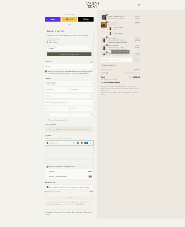 Ancient + Brave checkout page showing Ancient + Brave discount code box | Screenshot taken by SimplyCodes community member on Sep 1, 2025