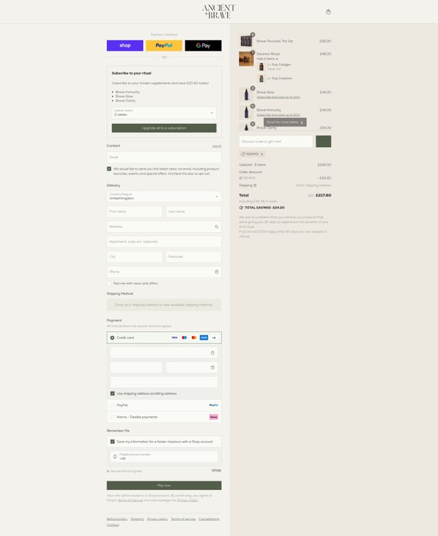 Ancient + Brave checkout page showing Ancient + Brave discount code box | Screenshot taken by SimplyCodes community member on Sep 1, 2025