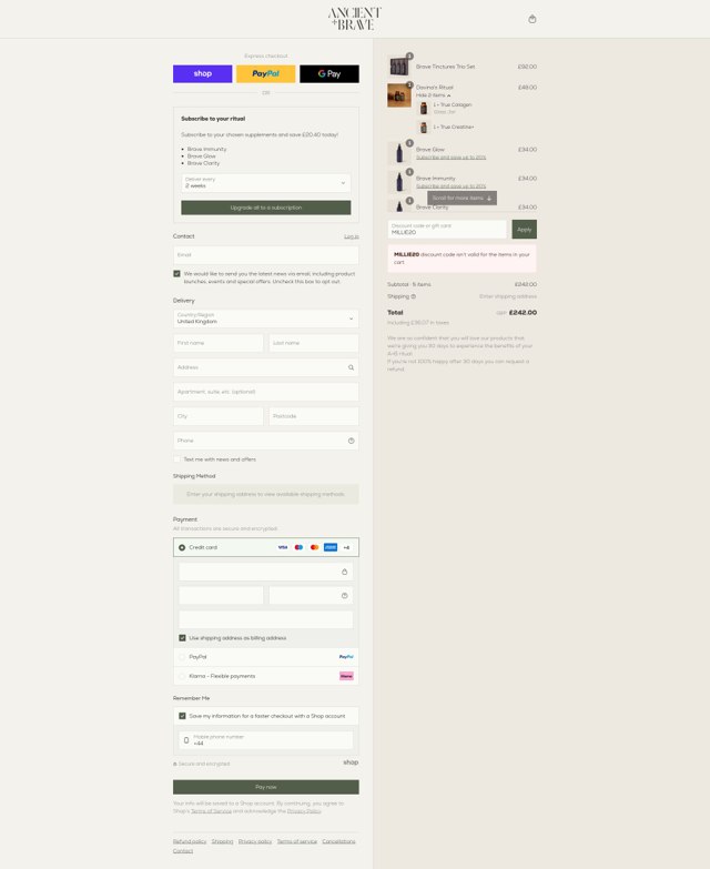 Ancient + Brave checkout page showing Ancient + Brave discount code box | Screenshot taken by SimplyCodes community member on Sep 1, 2025