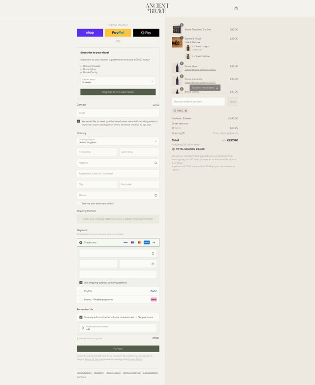 Ancient + Brave checkout page showing Ancient + Brave discount code box | Screenshot taken by SimplyCodes community member on Sep 1, 2025