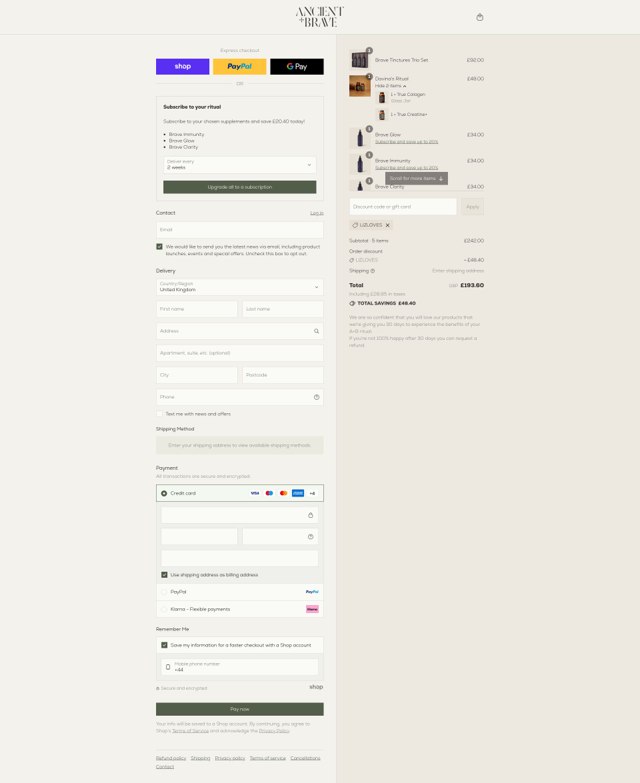 Ancient + Brave checkout page showing Ancient + Brave discount code box | Screenshot taken by SimplyCodes community member on Sep 1, 2025