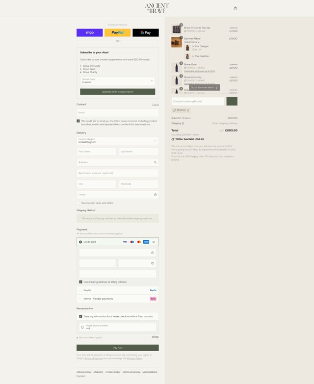 Ancient + Brave checkout page showing Ancient + Brave discount code box | Screenshot taken by SimplyCodes community member on Sep 1, 2025