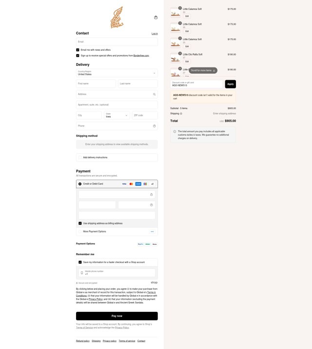Ancient Greek Sandals checkout page showing Ancient Greek Sandals promo code box | Screenshot taken by SimplyCodes community member on Aug 22, 2025
