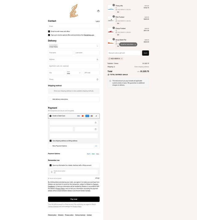 Ancient Greek Sandals checkout page showing Ancient Greek Sandals promo code box | Screenshot taken by SimplyCodes community member on Aug 11, 2025