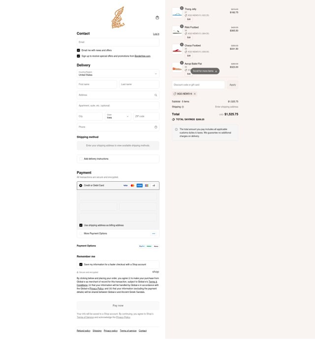 Ancient Greek Sandals checkout page showing Ancient Greek Sandals promo code box | Screenshot taken by SimplyCodes community member on Aug 9, 2025