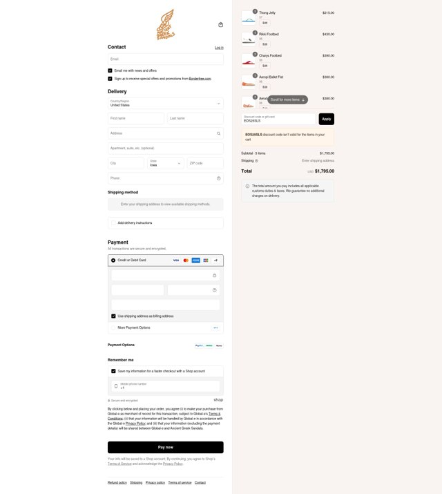 Ancient Greek Sandals checkout page showing Ancient Greek Sandals promo code box | Screenshot taken by SimplyCodes community member on Aug 9, 2025
