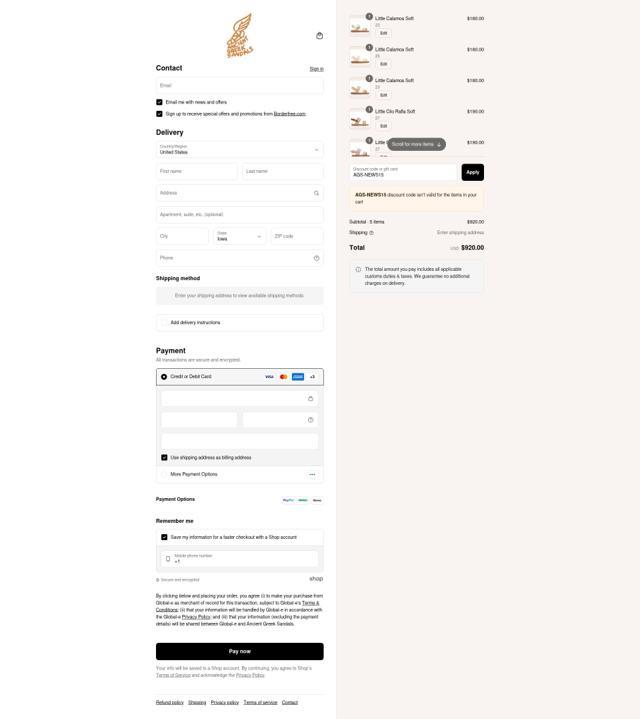 Ancient Greek Sandals checkout page showing Ancient Greek Sandals promo code box | Screenshot taken by SimplyCodes community member on Sep 12, 2025