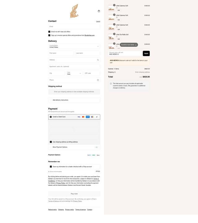 Ancient Greek Sandals checkout page showing Ancient Greek Sandals promo code box | Screenshot taken by SimplyCodes community member on Sep 8, 2025