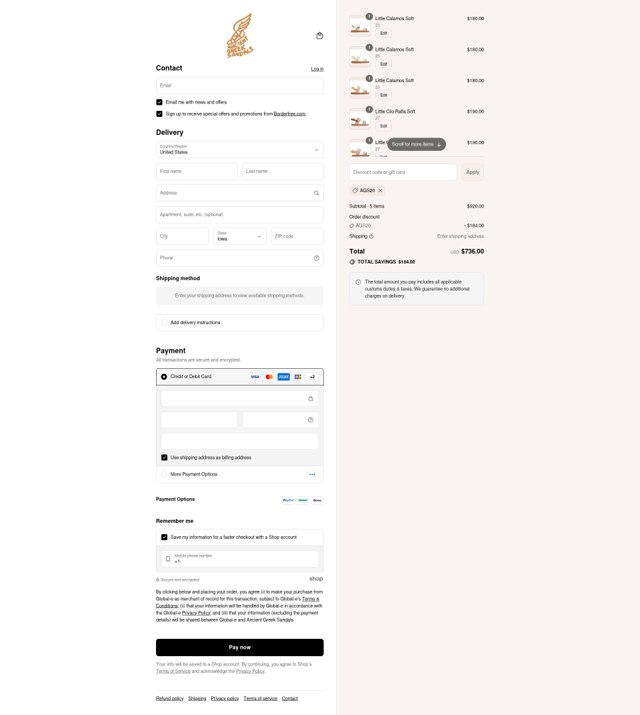 Ancient Greek Sandals checkout page showing Ancient Greek Sandals promo code box | Screenshot taken by SimplyCodes community member on Aug 17, 2025