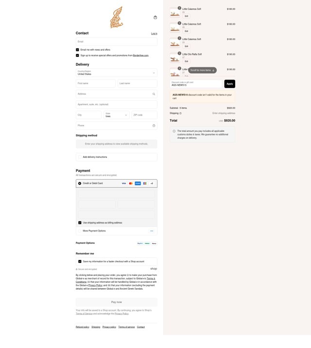 Ancient Greek Sandals checkout page showing Ancient Greek Sandals promo code box | Screenshot taken by SimplyCodes community member on Aug 17, 2025