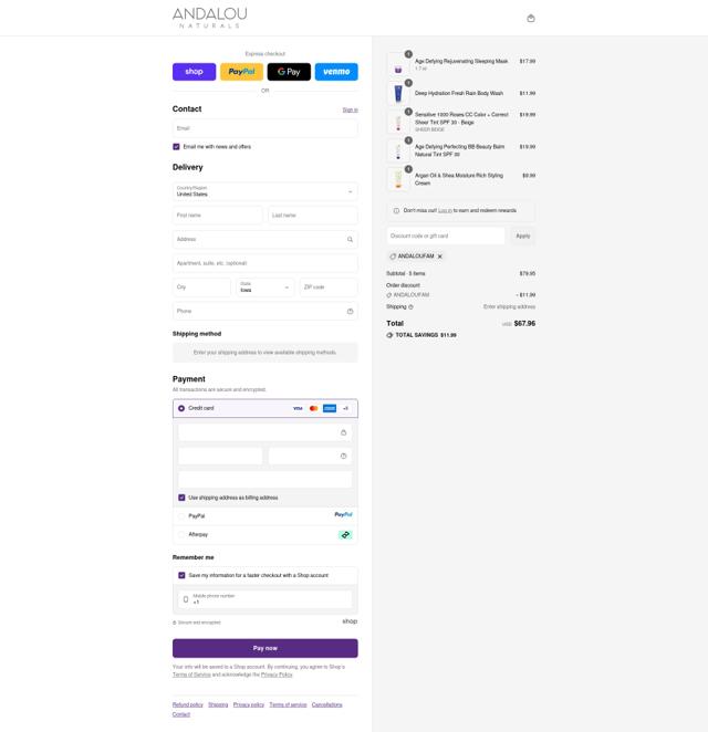 Andalou Naturals checkout page showing Andalou Naturals discount code box | Screenshot taken by SimplyCodes community member on Sep 14, 2025