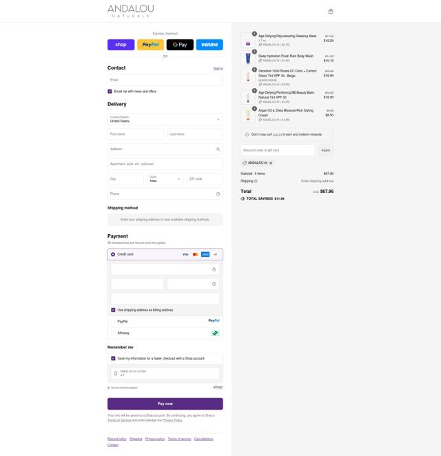Andalou Naturals checkout page showing Andalou Naturals discount code box | Screenshot taken by SimplyCodes community member on Sep 14, 2025