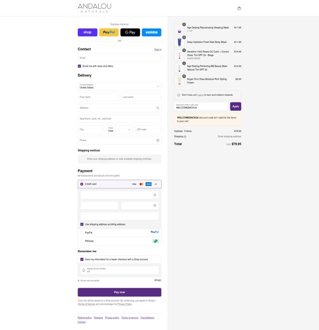 Andalou Naturals checkout page showing Andalou Naturals discount code box | Screenshot taken by SimplyCodes community member on Sep 14, 2025