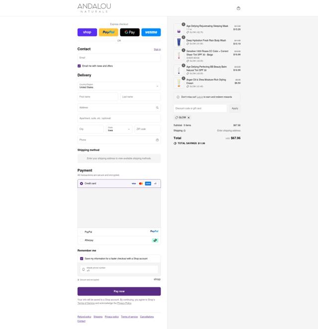 Andalou Naturals checkout page showing Andalou Naturals discount code box | Screenshot taken by SimplyCodes community member on Sep 14, 2025