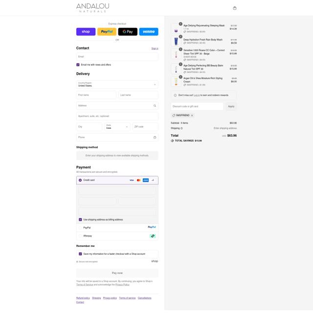 Andalou Naturals checkout page showing Andalou Naturals discount code box | Screenshot taken by SimplyCodes community member on Sep 14, 2025