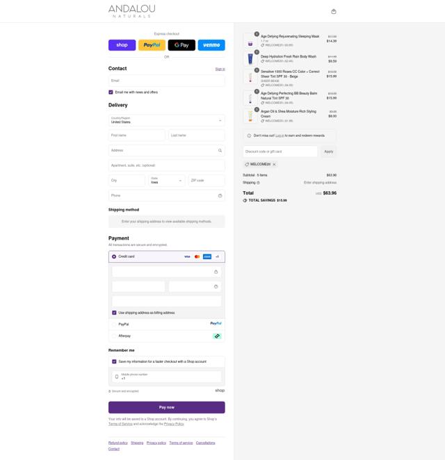 Andalou Naturals checkout page showing Andalou Naturals discount code box | Screenshot taken by SimplyCodes community member on Sep 14, 2025