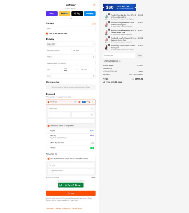 AndaSeat checkout page showing AndaSeat discount code box | Screenshot taken by SimplyCodes community member on Sep 2, 2025