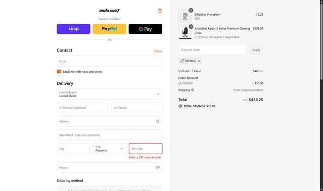 AndaSeat checkout page showing AndaSeat discount code box | Screenshot taken by SimplyCodes community member on Sep 3, 2025