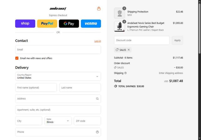 AndaSeat checkout page showing AndaSeat discount code box | Screenshot taken by SimplyCodes community member on Sep 3, 2025