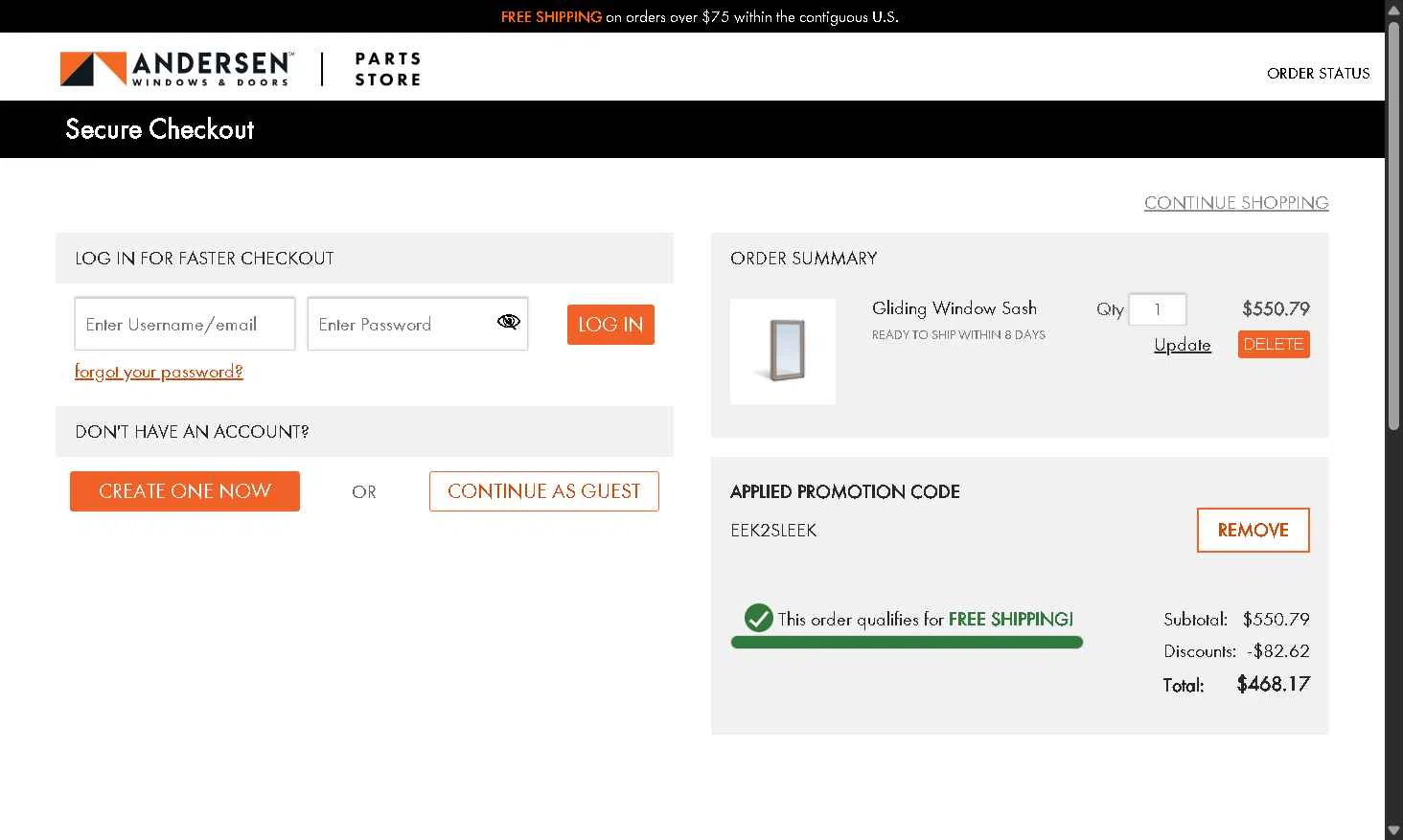 Andersen Windows checkout page showing Andersen Windows promo code box | Screenshot taken by SimplyCodes community member on Oct 27, 2025
