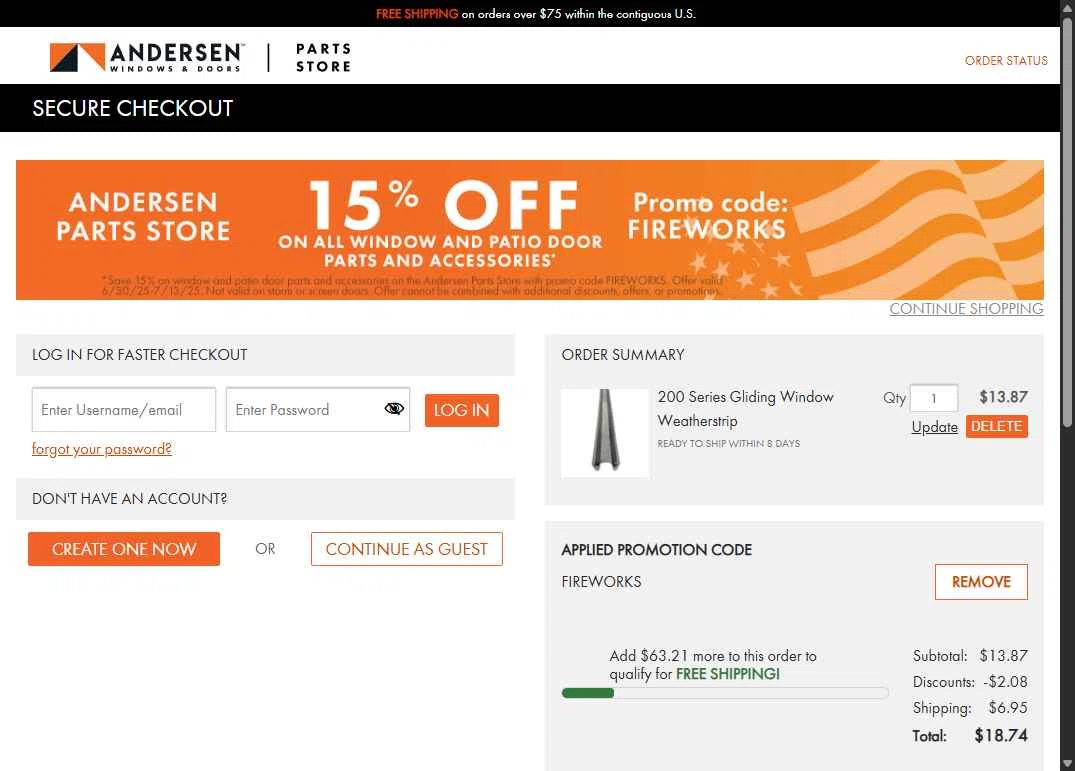 Andersen Windows checkout page showing Andersen Windows promo code box | Screenshot taken by SimplyCodes community member on Jul 8, 2025
