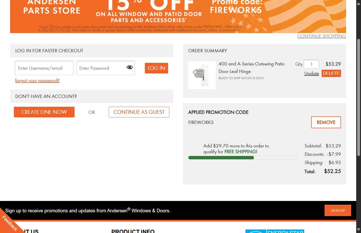 Andersen Windows checkout page showing Andersen Windows promo code box | Screenshot taken by SimplyCodes community member on Jul 2, 2025