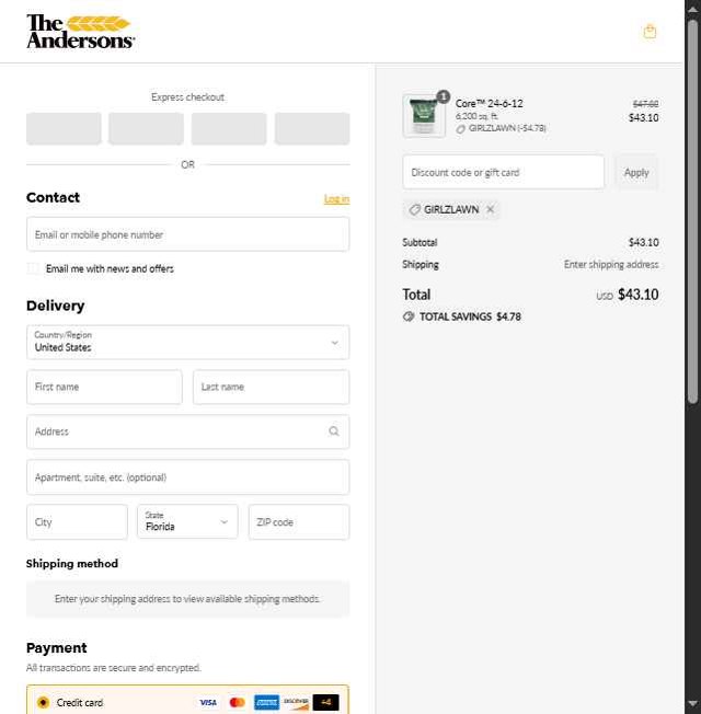 Andersons Lawn checkout page showing Andersons Lawn promo code box | Screenshot taken by SimplyCodes community member on Jul 17, 2025