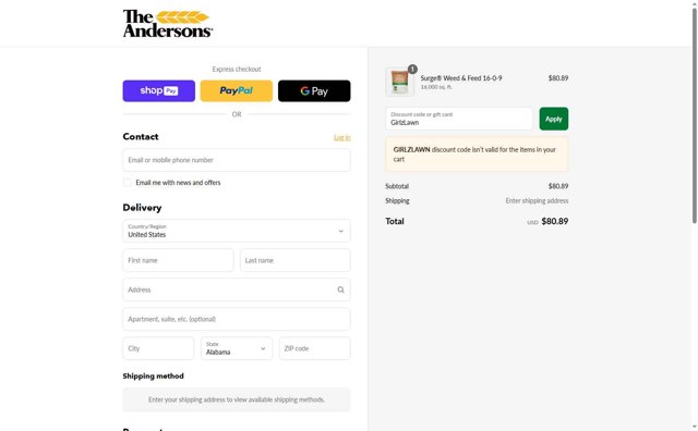 Andersons Lawn checkout page showing Andersons Lawn promo code box | Screenshot taken by SimplyCodes community member on Jul 26, 2025