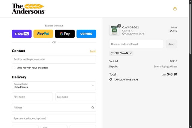 Andersons Lawn checkout page showing Andersons Lawn promo code box | Screenshot taken by SimplyCodes community member on Jul 17, 2025