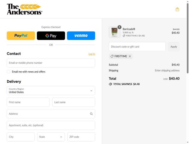 Andersons Lawn checkout page showing Andersons Lawn promo code box | Screenshot taken by SimplyCodes community member on Sep 4, 2025