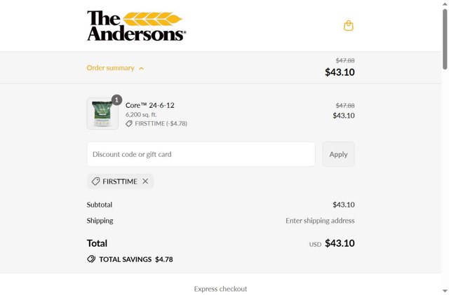 Andersons Lawn checkout page showing Andersons Lawn promo code box | Screenshot taken by SimplyCodes community member on Jul 21, 2025