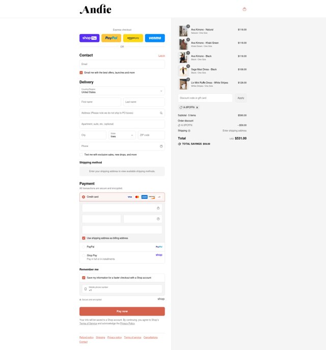 Andie Swim checkout page showing Andie Swim discount code box | Screenshot taken by SimplyCodes community member on Aug 28, 2025