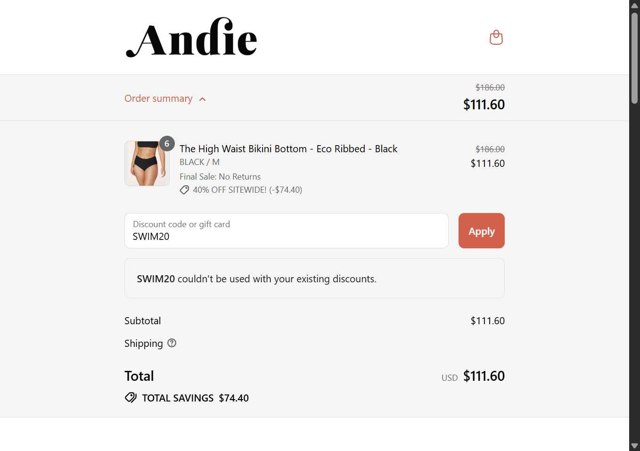 Andie Swim checkout page showing Andie Swim discount code box | Screenshot taken by SimplyCodes community member on Aug 29, 2025