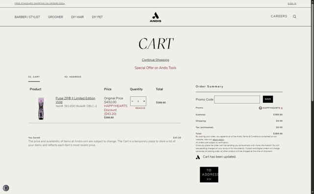 Andis checkout page showing Andis promo code box | Screenshot taken by SimplyCodes community member on Aug 26, 2025