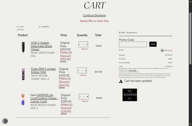 Andis checkout page showing Andis promo code box | Screenshot taken by SimplyCodes community member on Aug 26, 2025
