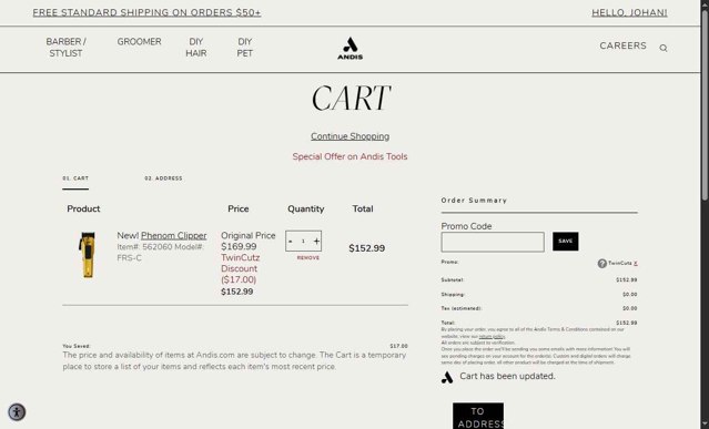 Andis checkout page showing Andis promo code box | Screenshot taken by SimplyCodes community member on Aug 29, 2025