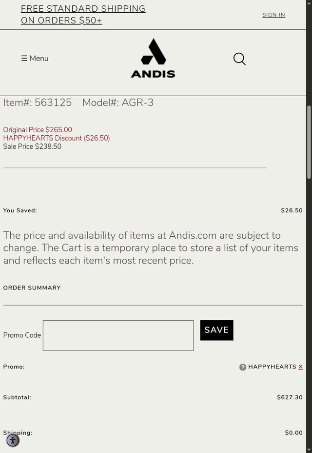 Andis checkout page showing Andis promo code box | Screenshot taken by SimplyCodes community member on Aug 26, 2025