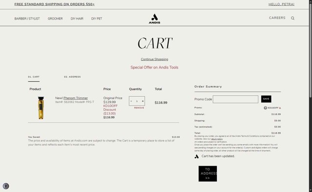 Andis checkout page showing Andis promo code box | Screenshot taken by SimplyCodes community member on Sep 3, 2025
