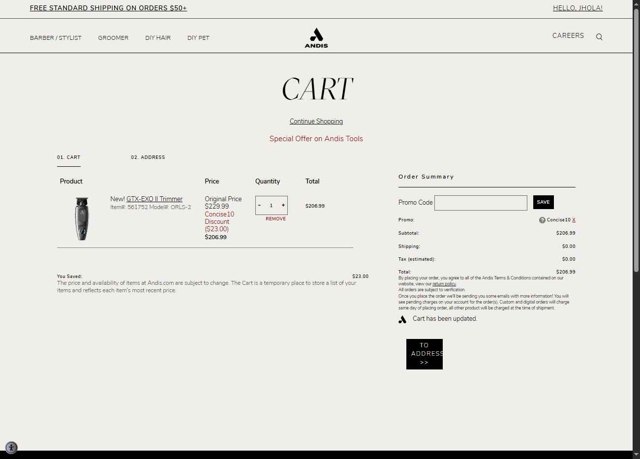 Andis checkout page showing Andis promo code box | Screenshot taken by SimplyCodes community member on Sep 3, 2025