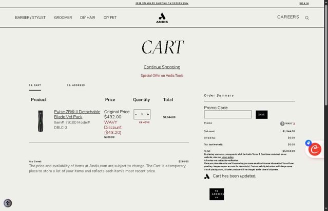Andis checkout page showing Andis promo code box | Screenshot taken by SimplyCodes community member on Aug 23, 2025