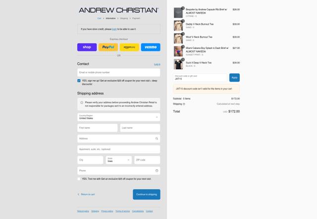 Andrew Christian checkout page showing Andrew Christian discount code box | Screenshot taken by SimplyCodes community member on Sep 9, 2025