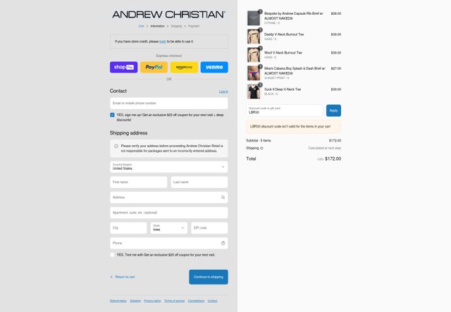 Andrew Christian checkout page showing Andrew Christian discount code box | Screenshot taken by SimplyCodes community member on Aug 27, 2025