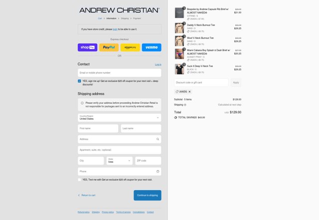 Andrew Christian checkout page showing Andrew Christian discount code box | Screenshot taken by SimplyCodes community member on Aug 27, 2025